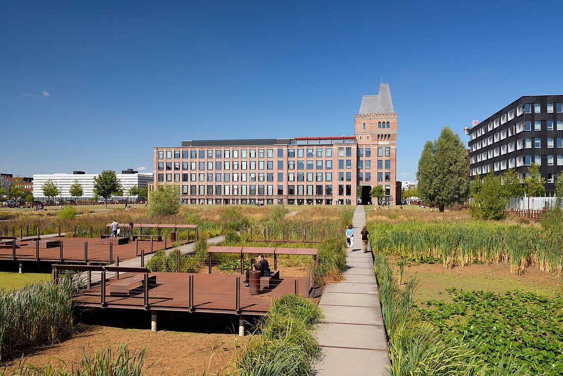 France, Nord, Lille, district of Bois Blancs, EuraTechnologies business park pole of excellence dedicated to the TIC of the Lille metropolis taking place in the Blan Lafont which is an old spinning mill built in 1900, pontoon allowing you to walk between the relaxation areas\n