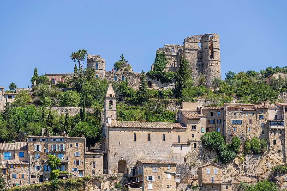 France, Drôme, regional natural park of Baronnies provençales, Montbrun-les-Bains, labeled the Most Beautiful Villages of France, the village and the Renaissance castle of Dupuy-Montbrun\n