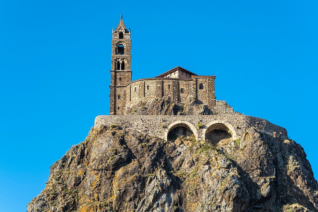 France, Haute-Loire, Aiguilhe, Saint-Michel d'Aiguilhe chapel built on a volcanic plug 85 metres, Aiguilhe's rock\n