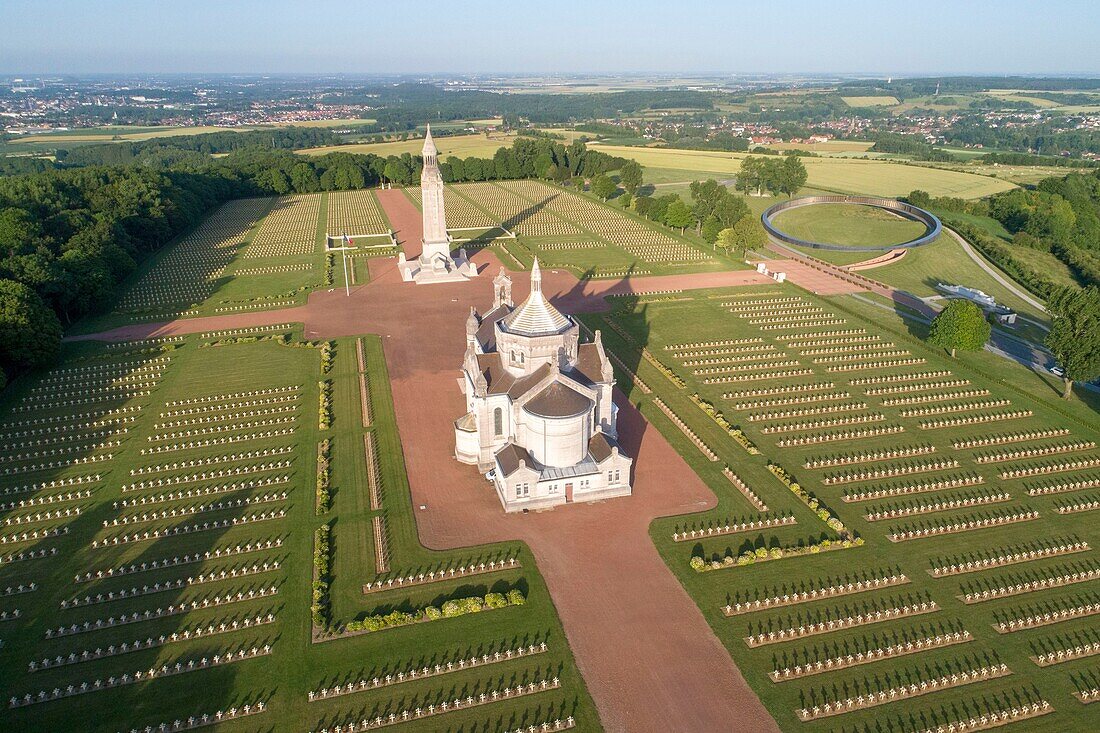 France, Pas de Calais, Ablain Saint Nazaire, National cemetery of Notre-Dame-de-Lorette and memory ring (aerial view)\n