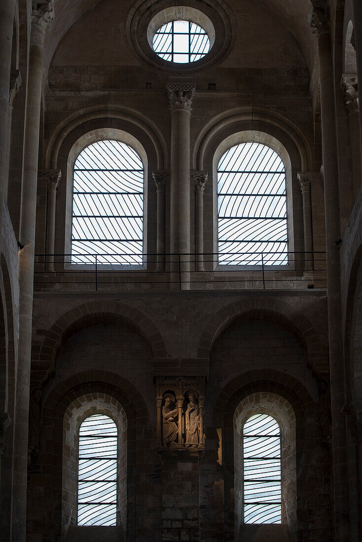 France, Aveyron, Conques, labeled the Most Beautiful Villages of France, Romanesque Abbey of Saint Foy from 11th Century, listed as World Heritage by UNESCO, contemporary stained glass window by Pierre Soulages\n