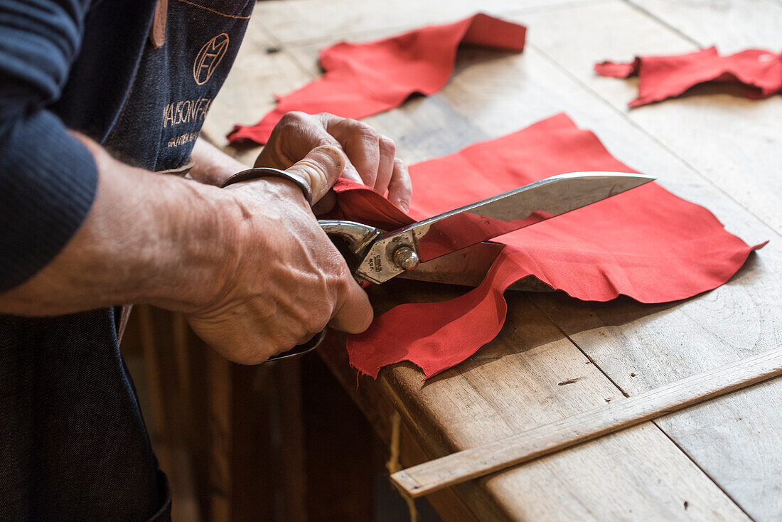 France, Aveyron, Millau, Maison Fabre (Ganterie Fabre) established in 1924, leather cutting for gloves\n