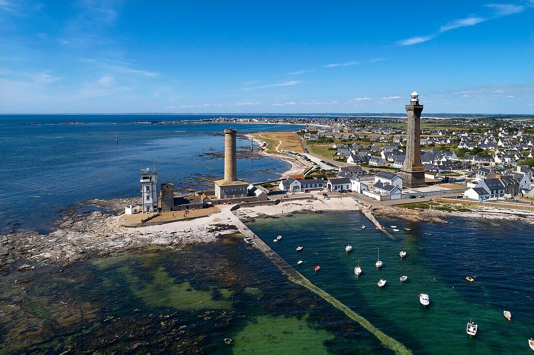 France, Finistere, Penmarch, Pointe de Penmarc'h, Eckmuhl Lighthouse, former lighthouse and semaphore (aerial view)\n