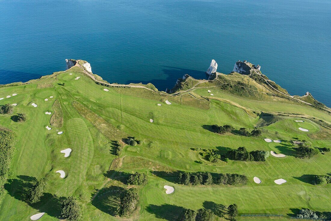 France, Seine Maritime, Etretat, Cote d'Abatre, the golf (aerial view)\n