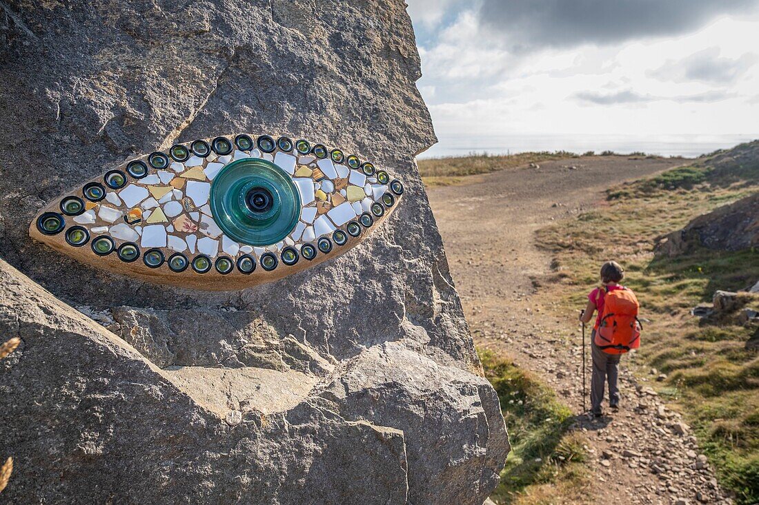 France, Finistere, Cleden-Cap-Sizun, along the GR 34 hiking trail or customs trail, Pierre Chanteau's mosaic eye, tribute to seafarers and look to the future\n