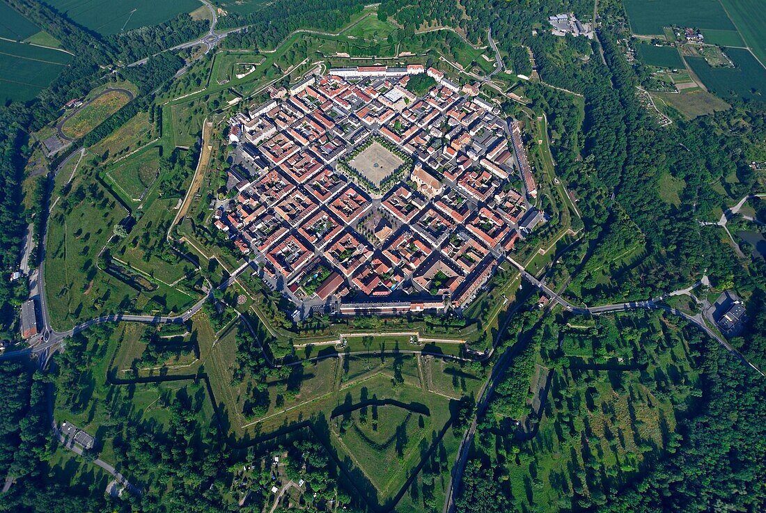 France, Haut-Rhin, Neuf-Brisach, city fortified by Vauban and listed as World Heritage by UNESCO (aerial view)\n