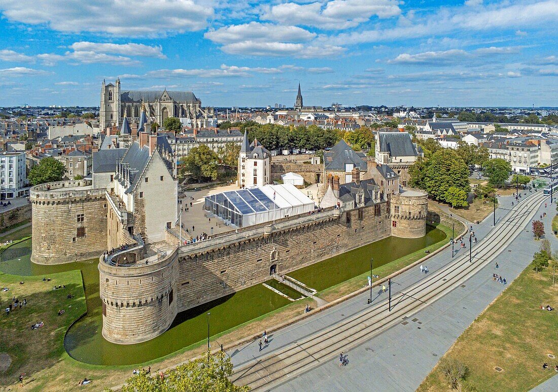 France, Loire Atlantique, Nantes, the cathedral and the castle (aerial view)\n