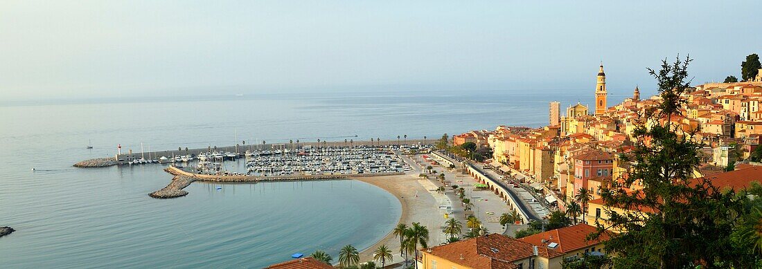 France, Alpes Maritimes, Cote d'Azur, Menton, the port and the old town dominated by the Saint Michel Archange basilica\n