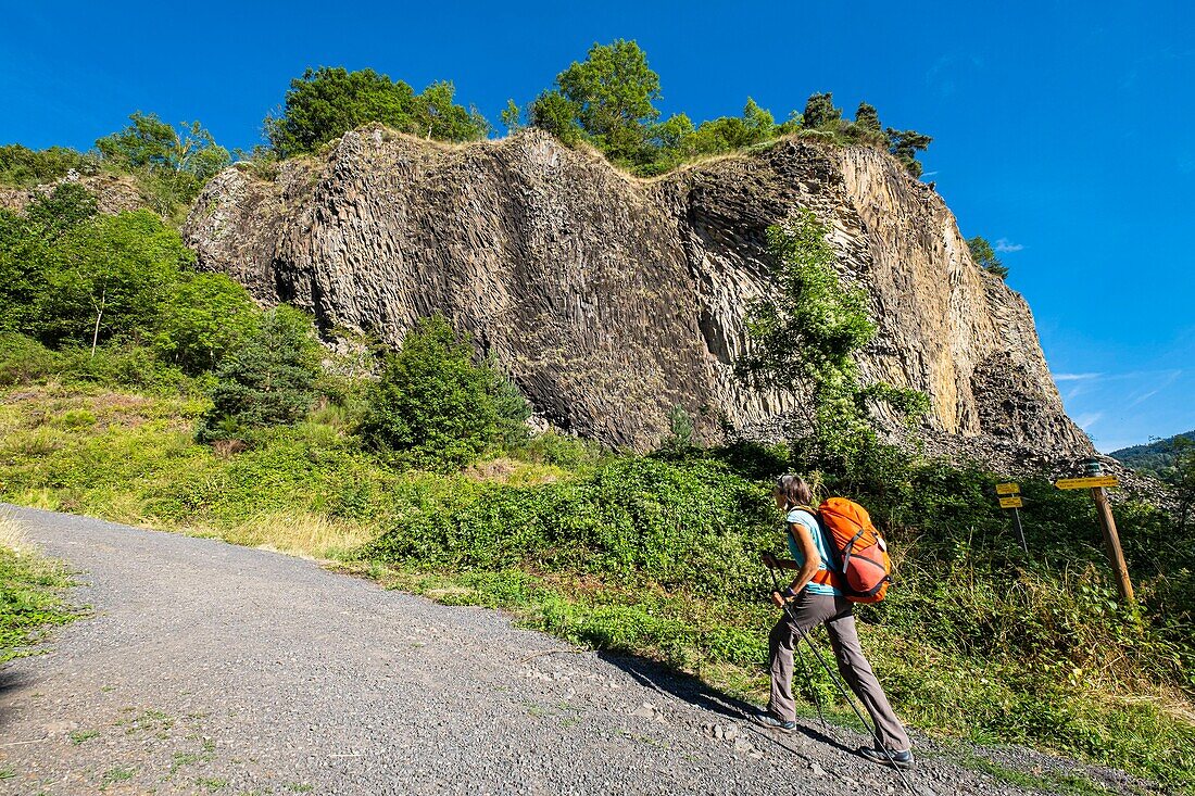 Frankreich, Haute-Loire, Monistrol d'Allier, Wanderung auf der Via Podiensis, einer der französischen Pilgerwege nach Santiago de Compostela oder GR 65, Basaltsäulen