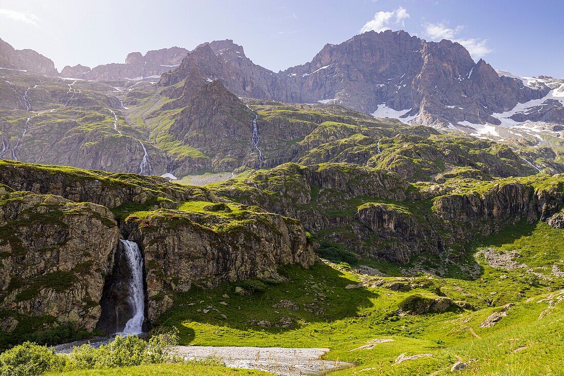 France, Hautes Alpes, Ecrins National Park, valley of Valgaudemar, La Chapelle en Valgaudemar, glacial Circus of Gioberney\n