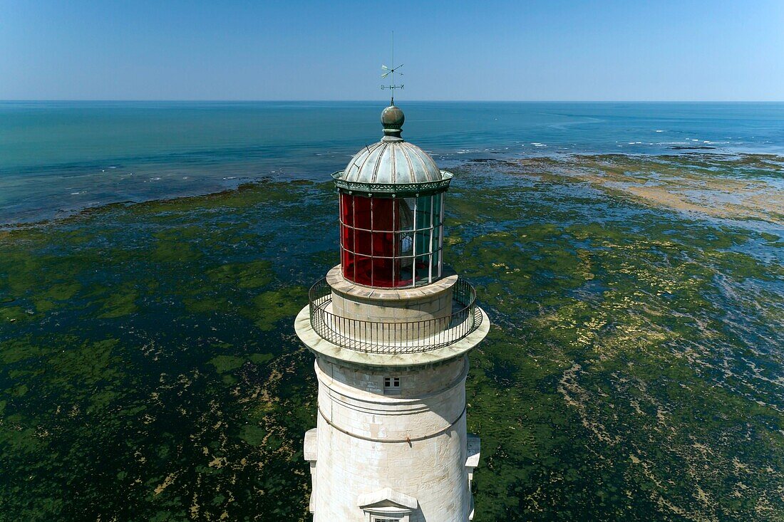 Frankreich, Gironde, Verdon-sur-Mer, Felsplateau von Cordouan, Leuchtturm von Cordouan, denkmalgeschützt, Gesamtansicht (Luftbild)