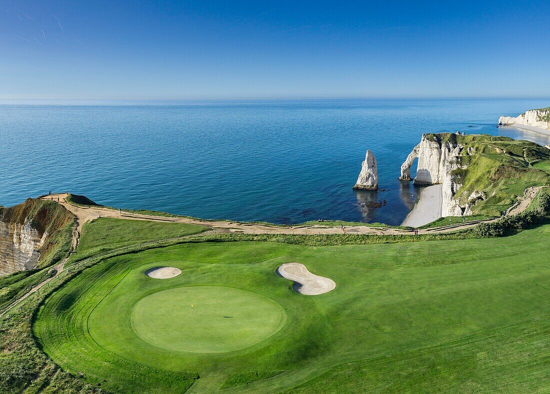 France, Seine Maritime, Etretat, Cote d'Abatre, the golf (aerial view)\n