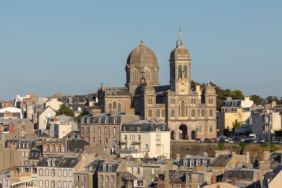 France, Manche, Cotentin, Granville, the Upper Town built on a rocky headland on the far eastern point of the Mont Saint Michel Bay, lower town and Saint Paul church\n