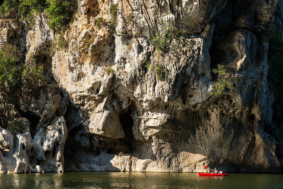 France, Ardeche, Vallon Pont d'Arc, canoe under the Pont d'Arc\n