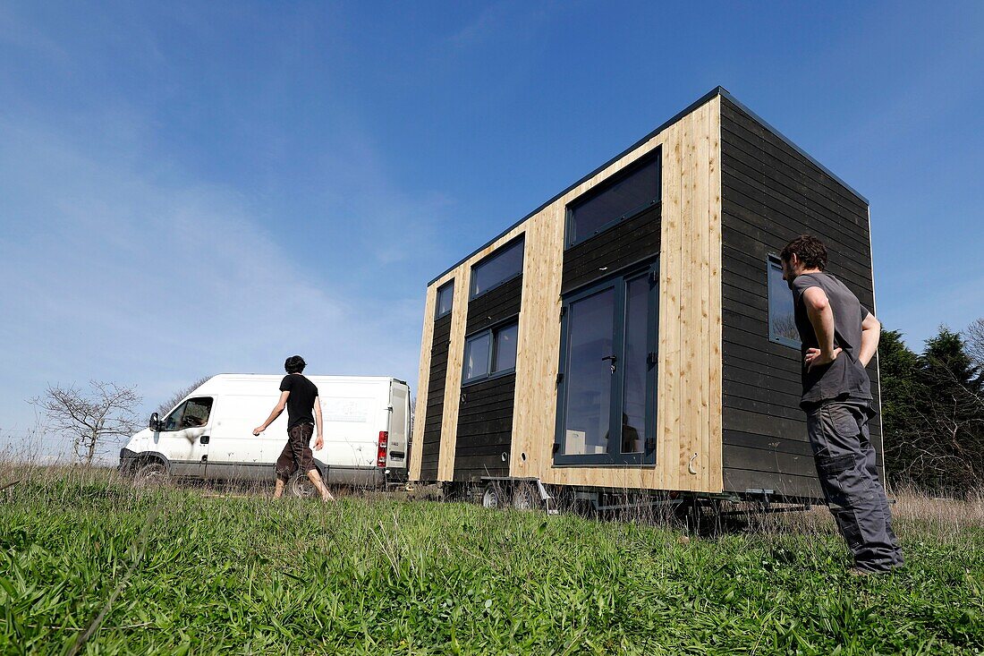 France, Finistere, Concarneau, experimentation of low-tech solutions in a tiny-house, two engineers (Pierre-Alain Leveque and Clement Chabot) built and live in a tiny-house (trailer-mounted micro-house) for test low-tech solutions\n