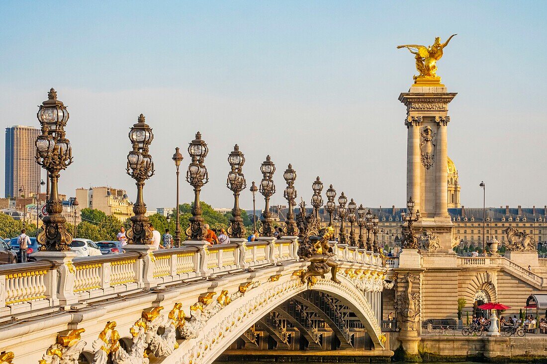 France, Paris, the Alexandre III bridge and the Invalides\n