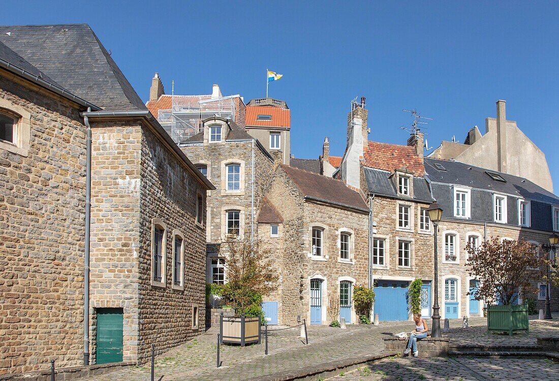 France, Pas de Calais, Boulogne sur Mer, Guyale street bordered by irregularly established houses is typically medieval\n