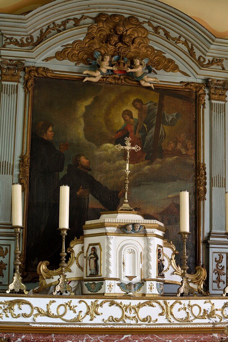 France, Haut Rhin, Sainte Marie aux Mines, Rue Wilson, Saint Mathieu chapel dated early 17th century, cross dated 18th century, choir, altar\n