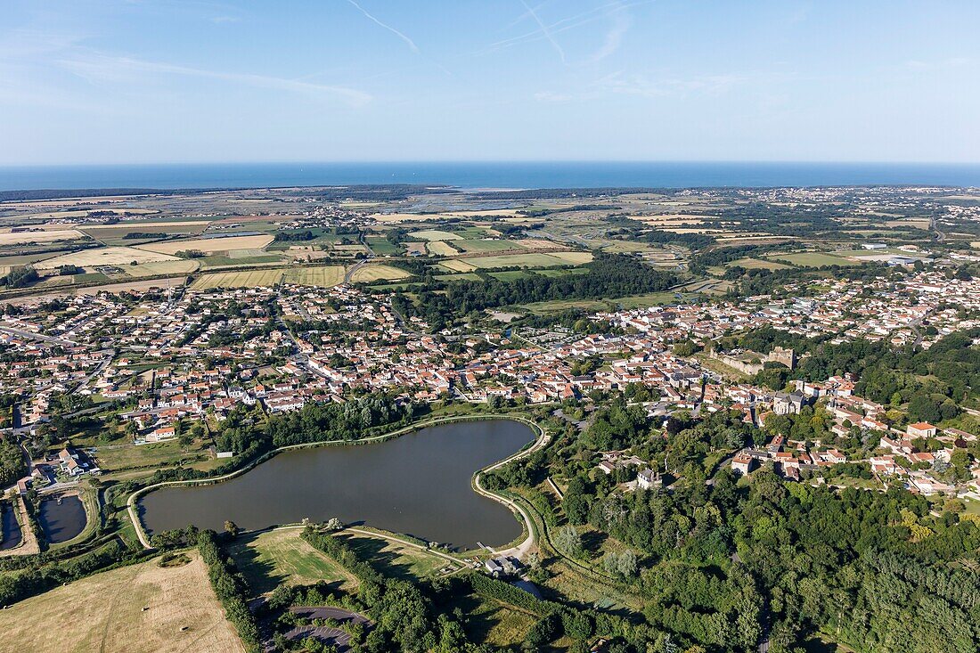 France, Vendee, Talmont Saint Hilaire, the castle, the village and the pond (aerial view)\n