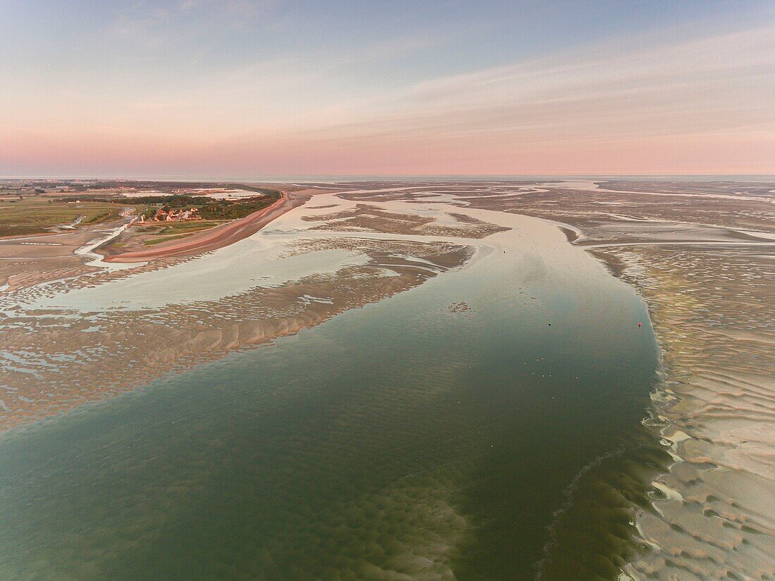 France, Somme, Baie de Somme, Le Hourdel, The tip of the Hourdel and the sand banks of the Baie de Somme at low tide (aerial view), the channel of the Somme extends to the sea\n