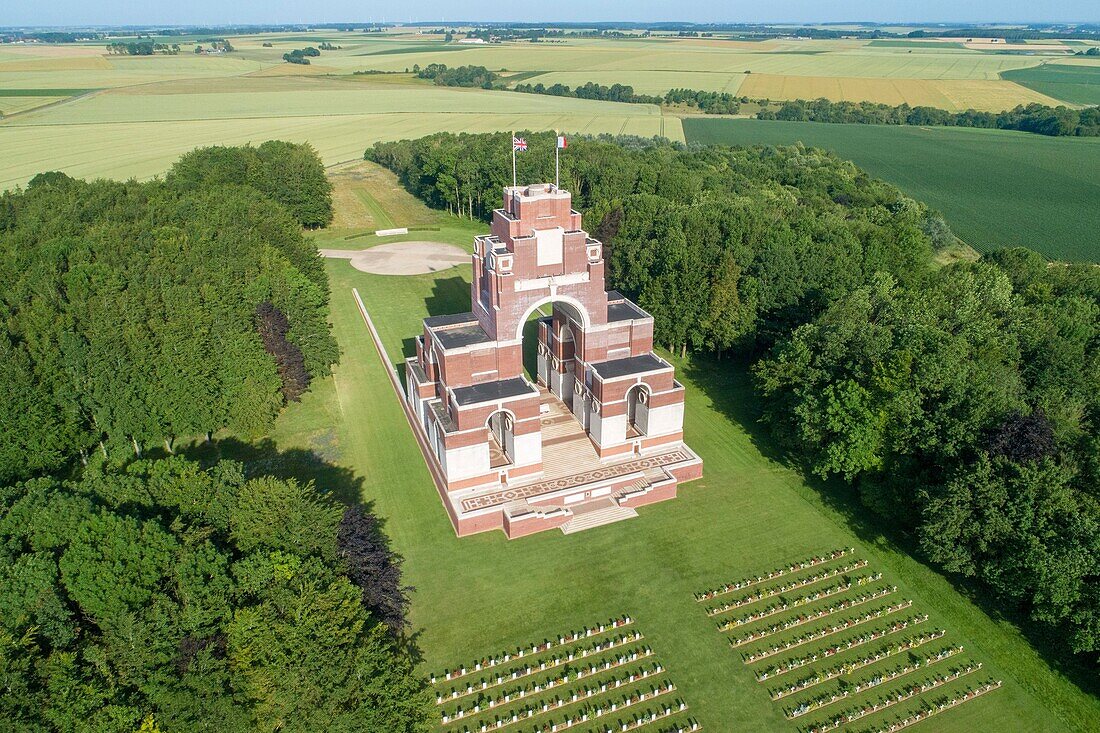 France, Somme, Thiepval, Franco-British memorial commemorating the Franco-British offensive of the Battle of the Somme in 1916, French graves in the foreground (arial view)\n