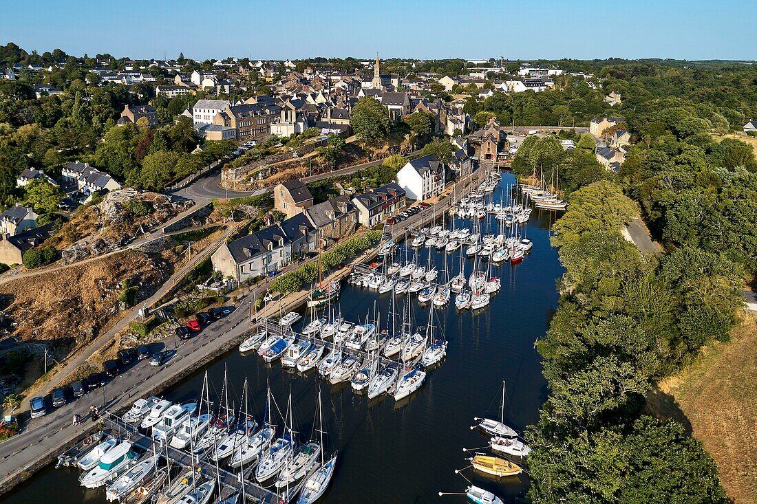 France, Morbihan, La Roche Bernard, the marina in the village (aerial view)\n