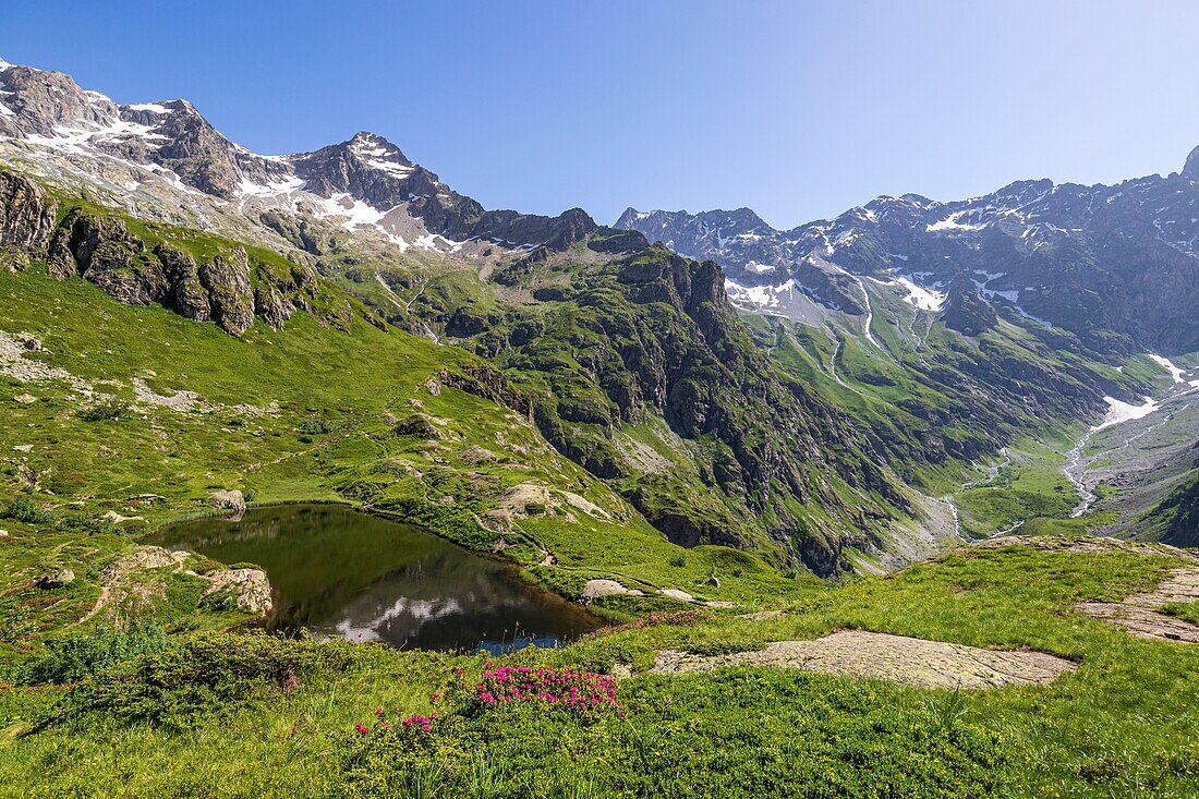 France, Hautes Alpes, national park of Ecrins, valley of Valgaudemar, La Chapelle en Valgaudemar, the glacial circus of Gioberney and the lake Lauzon (2008m)\n