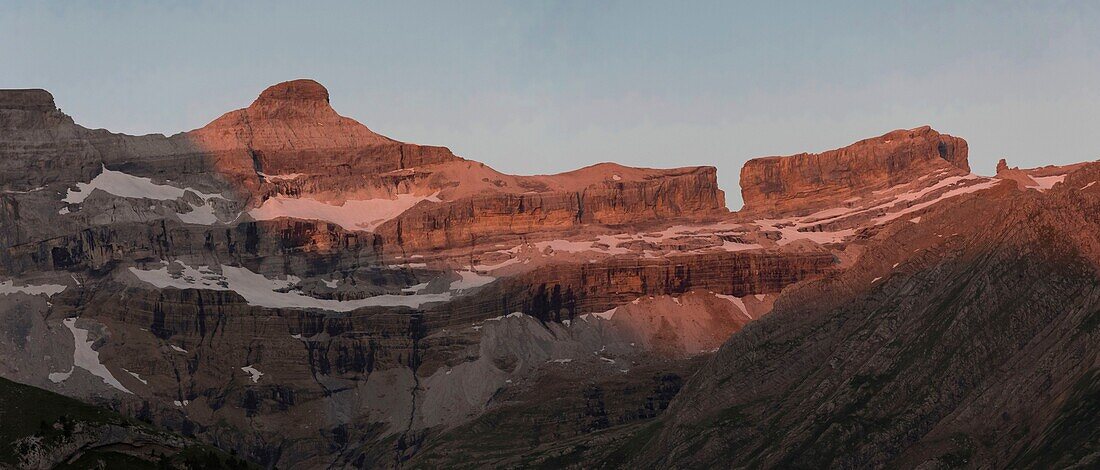 France, Hautes Pyrenees, Gavarnie, the Gavarnie cirque seen from the Espuguettes mountain hut, the the Casquet du Marbore peak 3006 m and the Breche de Roland, UNESCO World Heritage Site\n