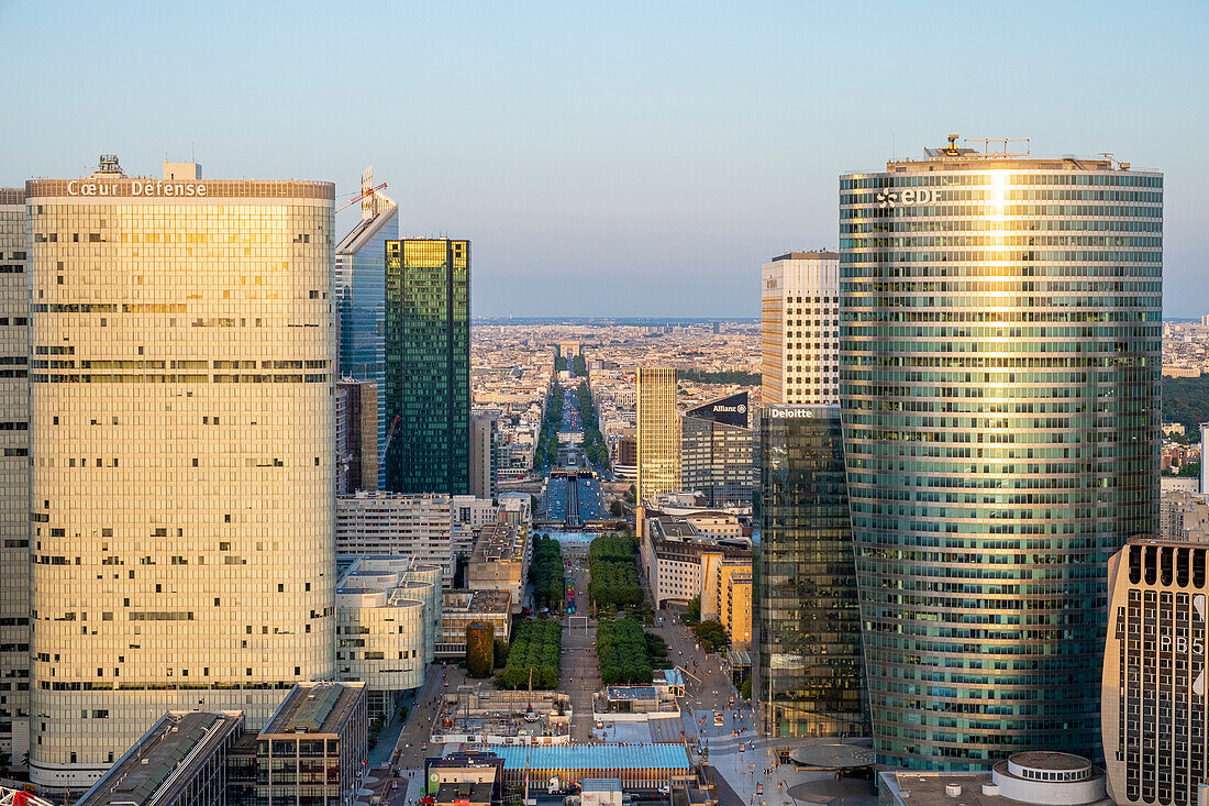 France, Paris, general view of La Defense from the rooftoop of the Grande Arche: the Roof of Paris\n