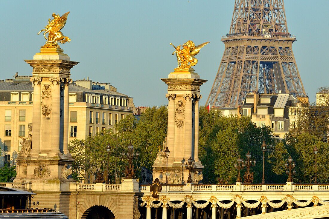 Frankreich, Paris, von der UNESCO zum Weltkulturerbe erklärtes Gebiet, im Hintergrund die Brücke Alexander III. und der Eiffelturm