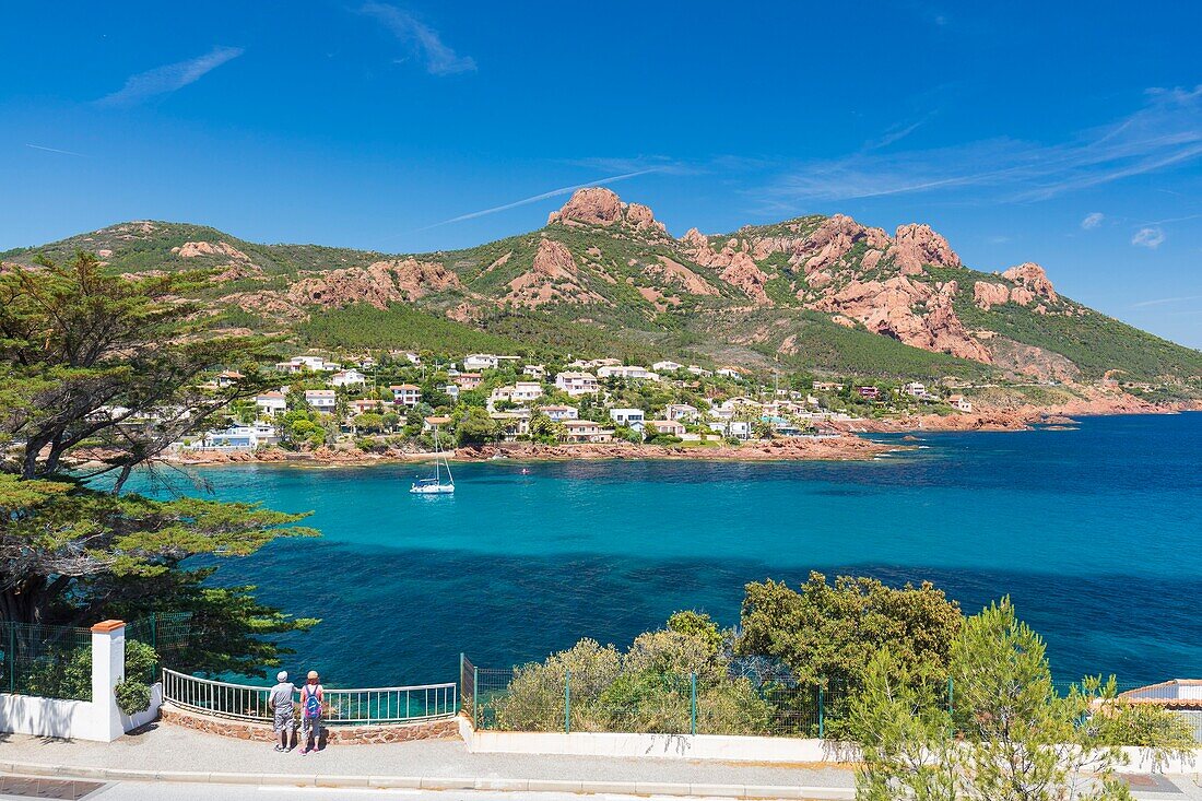 France, Var, Corniche de l'Esterel or corniche d'Or, Saint Raphael, Antheor and Massif de l'Esterel in the background\n