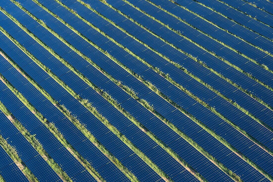 France, Eure (27), Saint-Marcel, Terres Neuves 1, the largest photovoltaic power plant in Normandy. carried out by the RES group on the site of the CNPP Pôle européen de sécurité (aerial view)\n