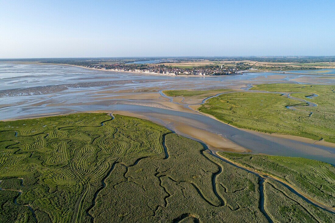 France, Somme, Baie de Somme, channels in les Mollieres and Crotoy village in the background (aerial view)\n