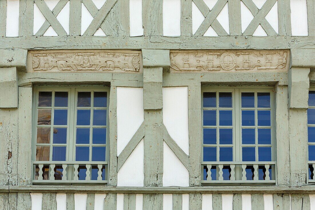 France, Cotes d'Armor, Treguier, detail of the facade of a half timbered house in Place du Martray (Martray square)\n