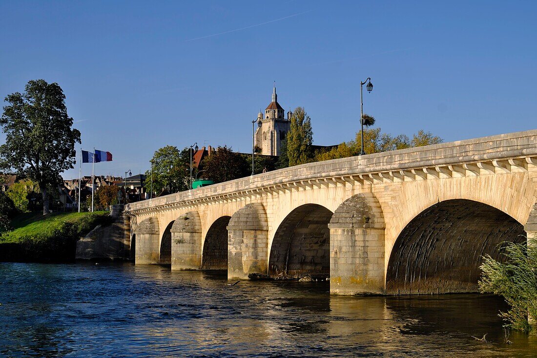 France, Jura, Dole, Louis XV bridge, the Doubs river at the confluence of the Loue river, steeple of the collegiate church\n