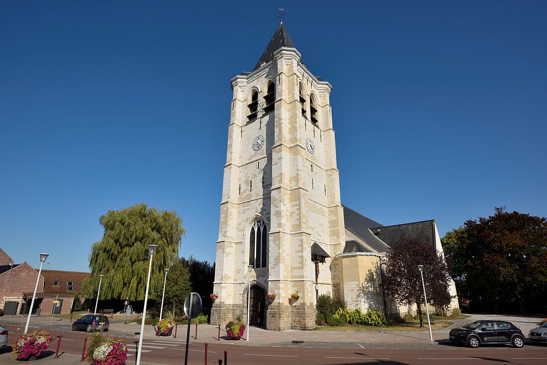 France, Nord, Sainghin en Melantois, Saint Nicolas church whose tower and nave date from the 16th century, bell tower\n