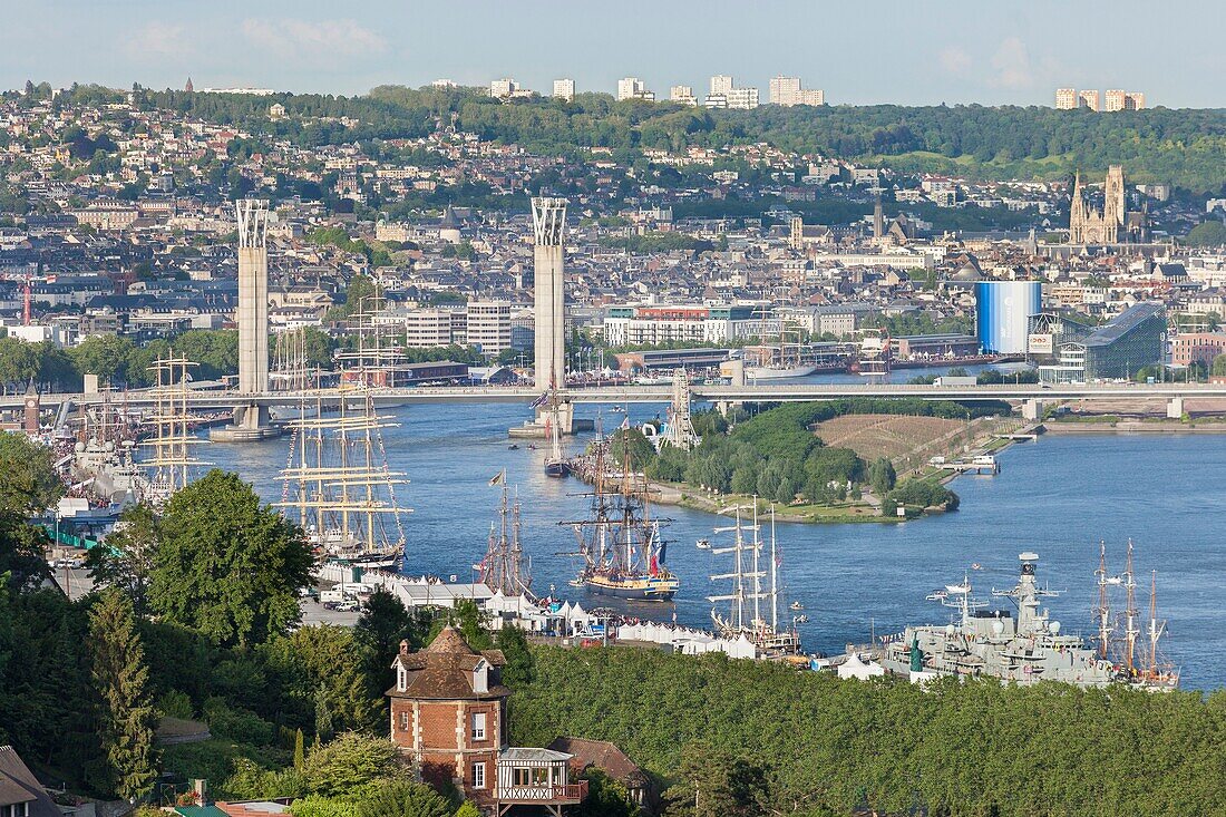 France, Seine Maritime, Canteleu, Armada 2019, elevated view of Hermione, frigate, docking in front of Rouen Flaubert Bridge\n