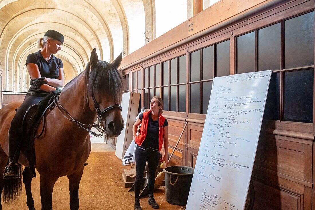 France, Oise, Chantilly, Chantilly Castle, the Great Stables, show of the Tercentenary of the Great Stables: Once upon a time...the Great Stables, Sophie Bienaimé supervises the last details of the show\n