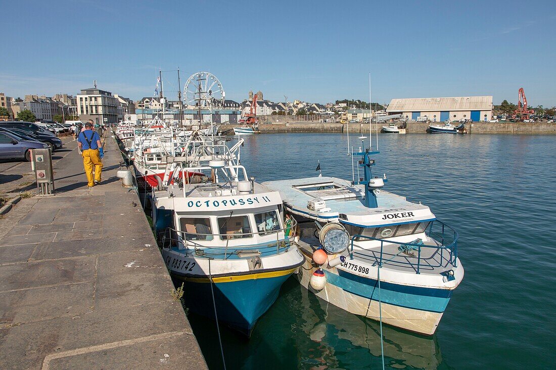 France, Manche, Cotentin, Granville, the Upper Town built on a rocky headland on the far eastern point of the Mont Saint Michel Bay, fishing port and trawlers\n