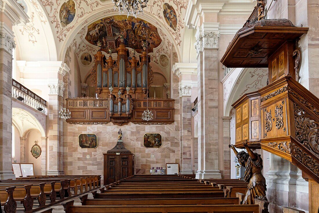 France, Bas Rhin, the Ried, Ebersmunster, Saint Maurice abbey church from the 18th century and german baroque style, organs from 1730-1732 of the famous organ builder André Silbermann\n