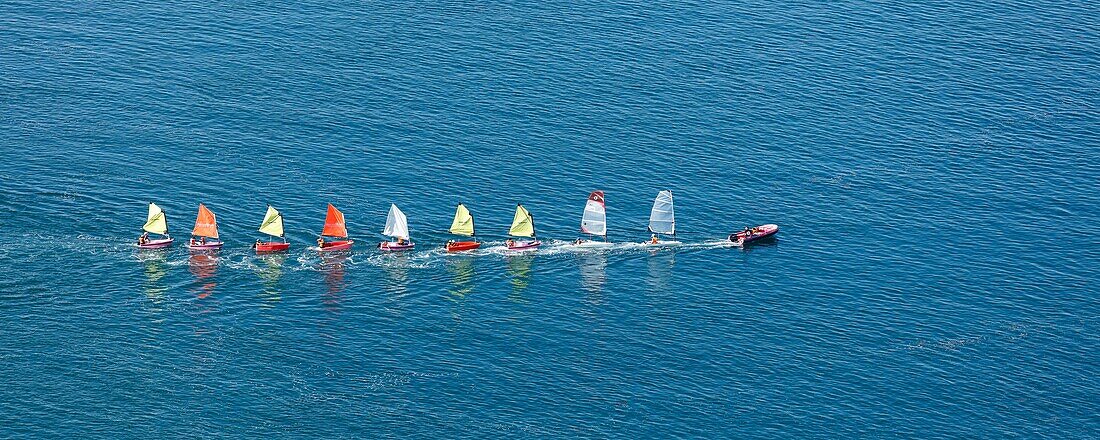 France, Morbihan, Gulf of Morbihan, sailing school (aerial view)\n