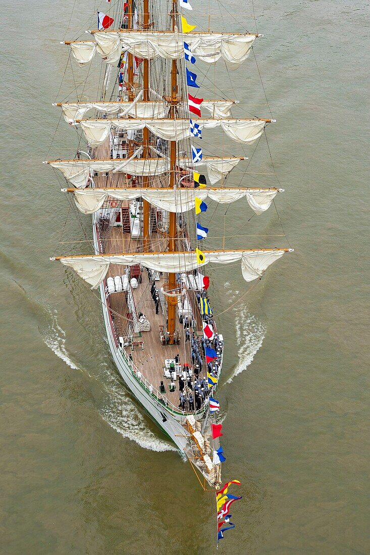 France, Seine Maritime, Caudebec-en-Caux, Armada of Rouen 2019, the three masted barque Cuauhtamoc seen from the bridge of Brotonne\n