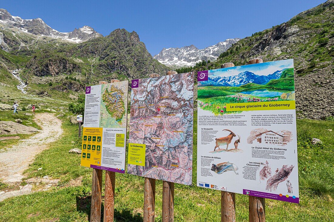 France, Hautes Alpes, Ecrins National Park, valley of Valgaudemar, La Chapelle en Valgaudemar, information boards of the Ecrins National Park from the footpath of the chalet Hôtel du Gioberney car park\n