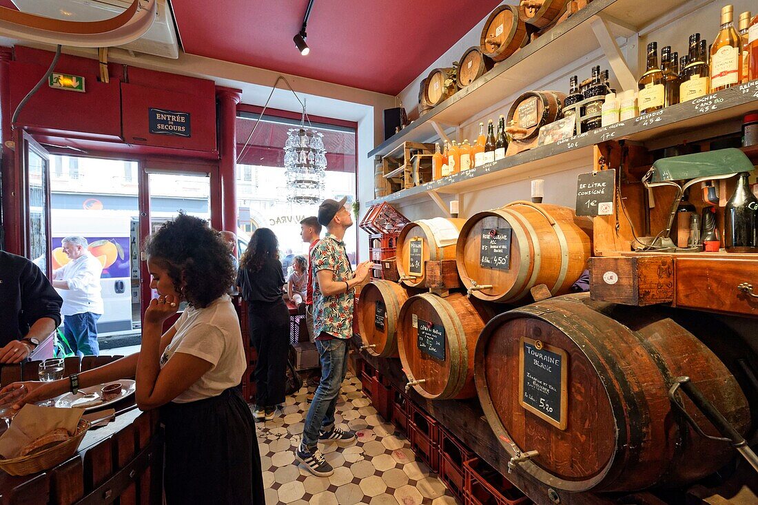 France, Paris, Aligre market district, Le Baron Rouge wine bar in Rue Theophile Roussel\n