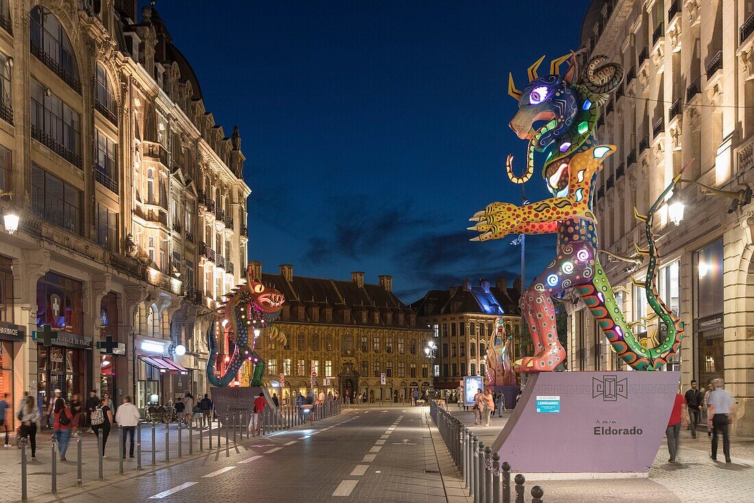 France, Nord, Lille, Lille 3000 Eldorado, Alebrijes (giant creatures in whimsical colors) along Faidherbe street overlooking the Lille Flandres train station\n