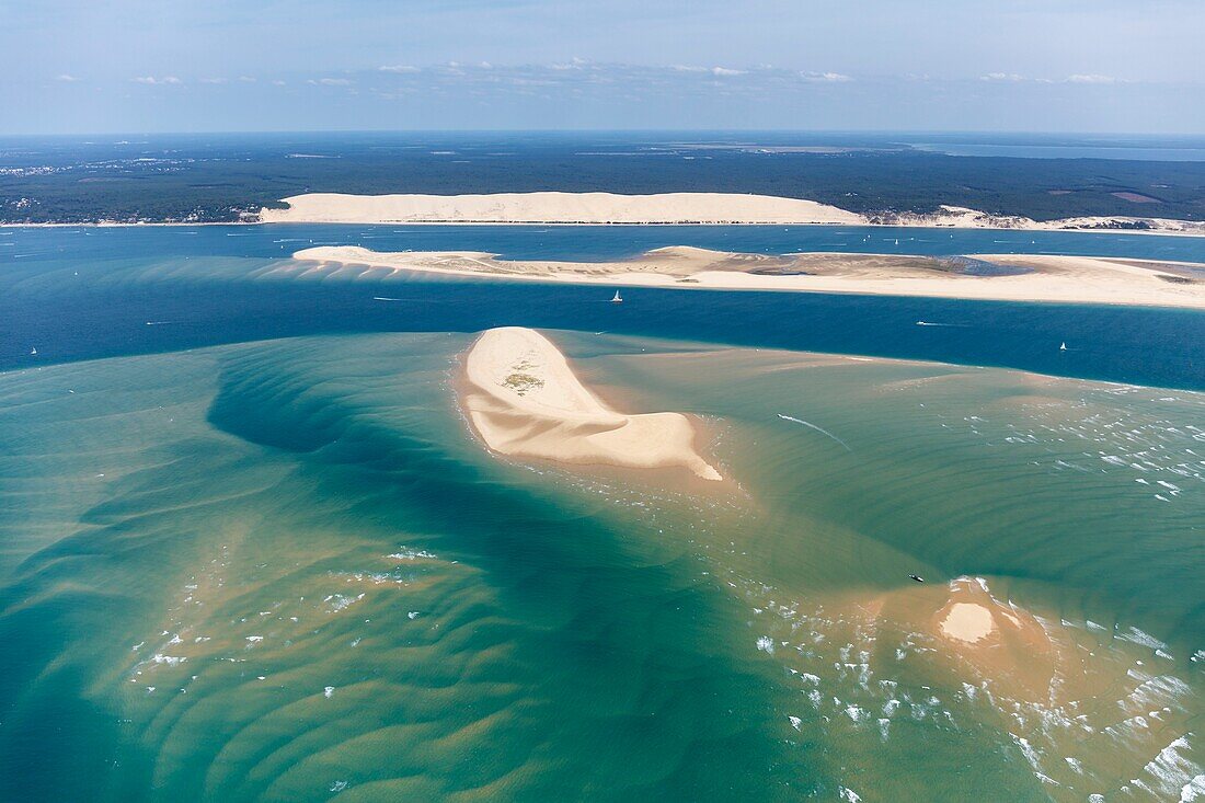 France, Gironde, La Teste de Buch, Arguin sandbank and the Pilat Great Dune (aerial view)\n