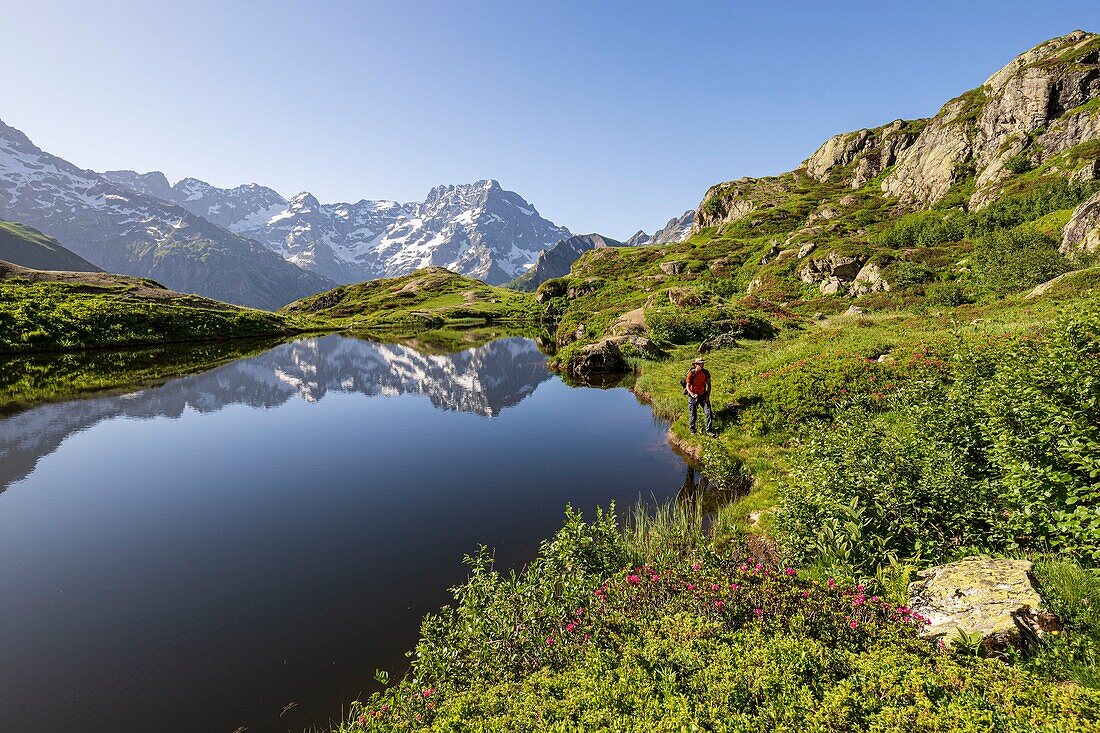 Frankreich, Hautes Alpes, Nationalpark Ecrins, Tal von Valgaudemar, La Chapelle en Valgaudemar, Spiegelung von Sirac (3441m) auf dem See von Lauzon (2008m)