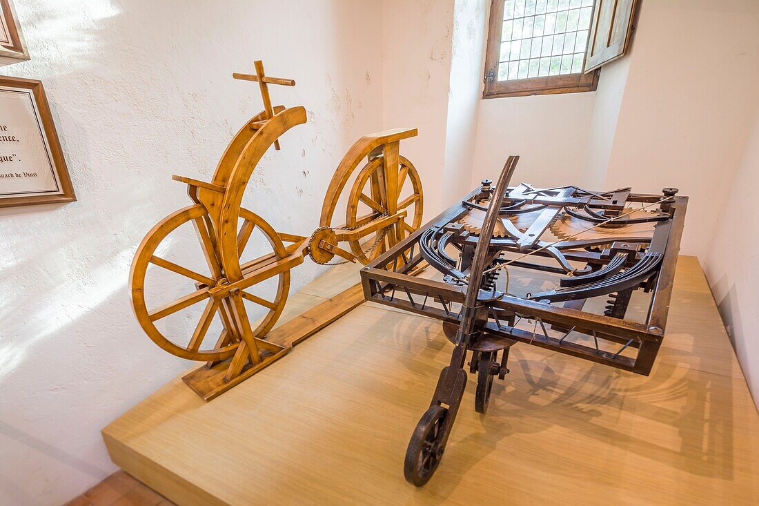 France, Indre-et-Loire (37), Amboise, Center Loire Valley region, Loire Valley Castles, Loire Valley World Heritage Site, Clos Lucé Castle, Leonardo Da Vinci Park (last home of Léonard de Vinci), model room, the first automobile, the first bike\n