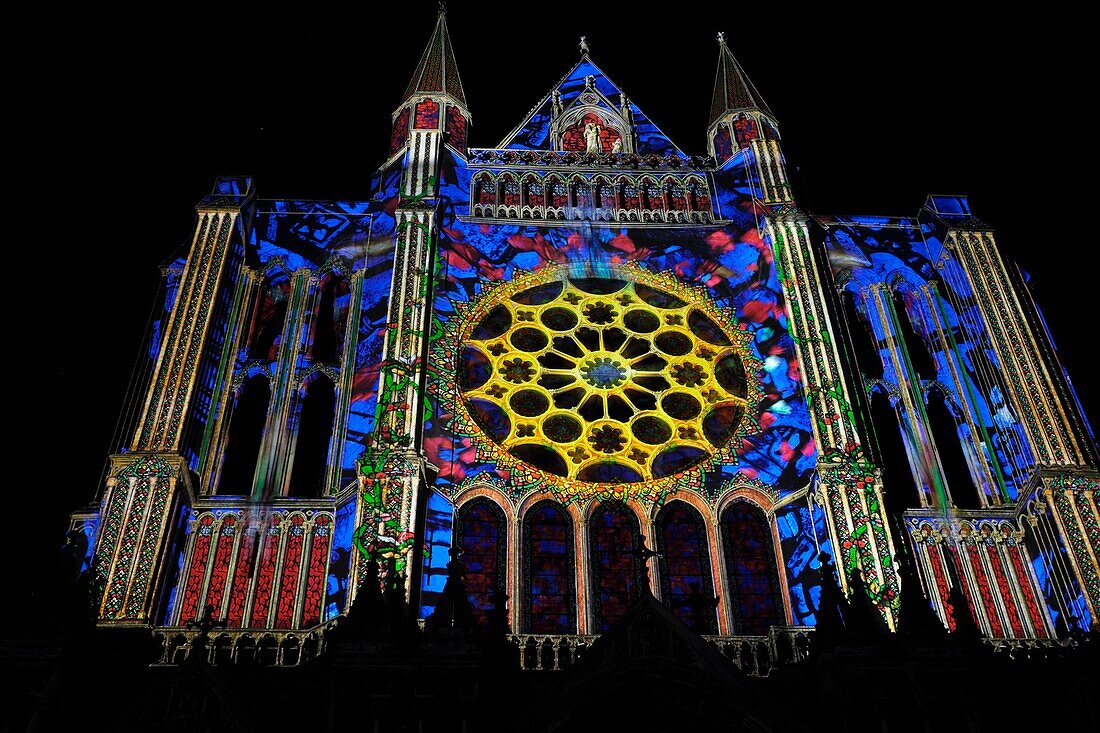 France, Eure et Loir, Chartres, Notre Dame cathedral listed as World Heritage by UNESCO, illuminations during Chartres en Lumieres, south gate\n