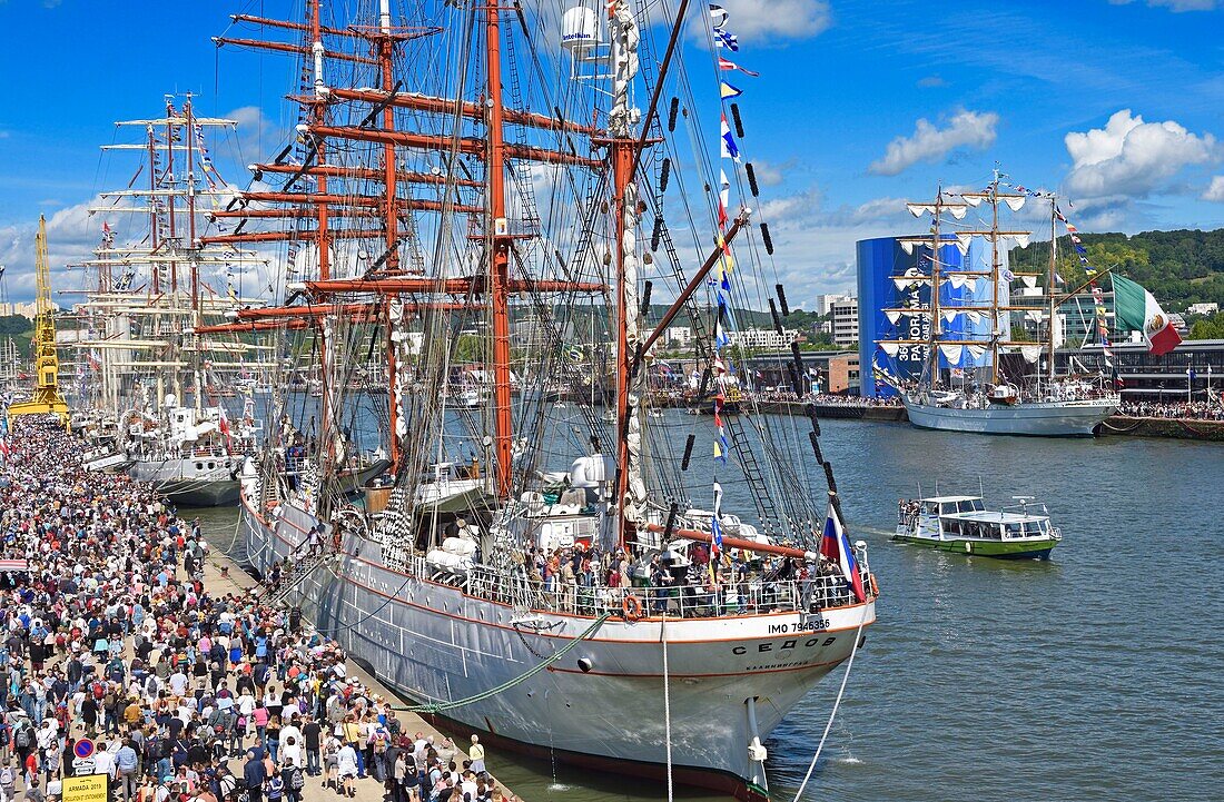 "Frankreich, Seine-Maritime, Rouen, Armada (Ansammlung von Segelschiffen) mit dem russischen Schiff ""Sedov"" im Vordergrund"